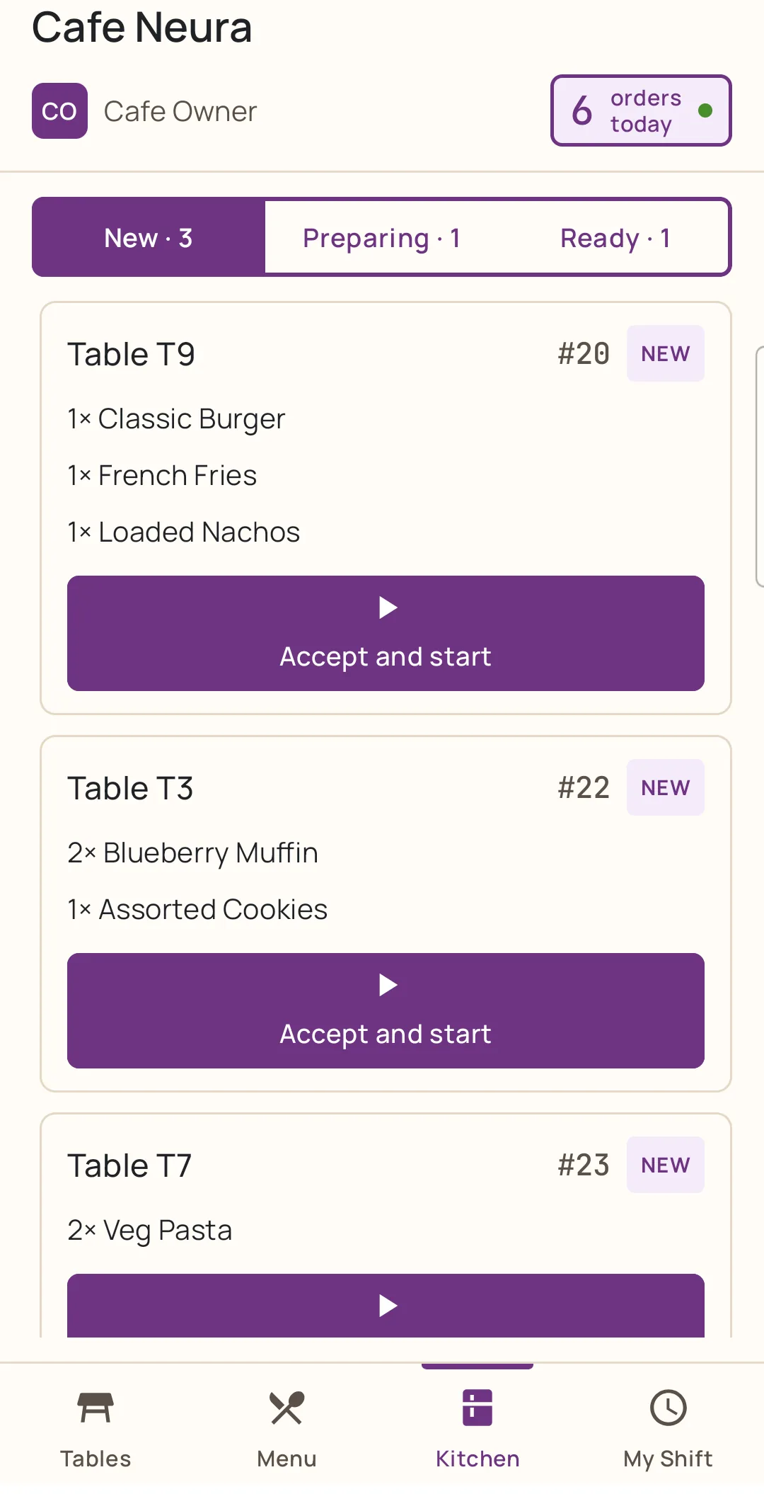 The Captain waiter app on a phone, showing the kitchen tab with orders waiting to be accepted.