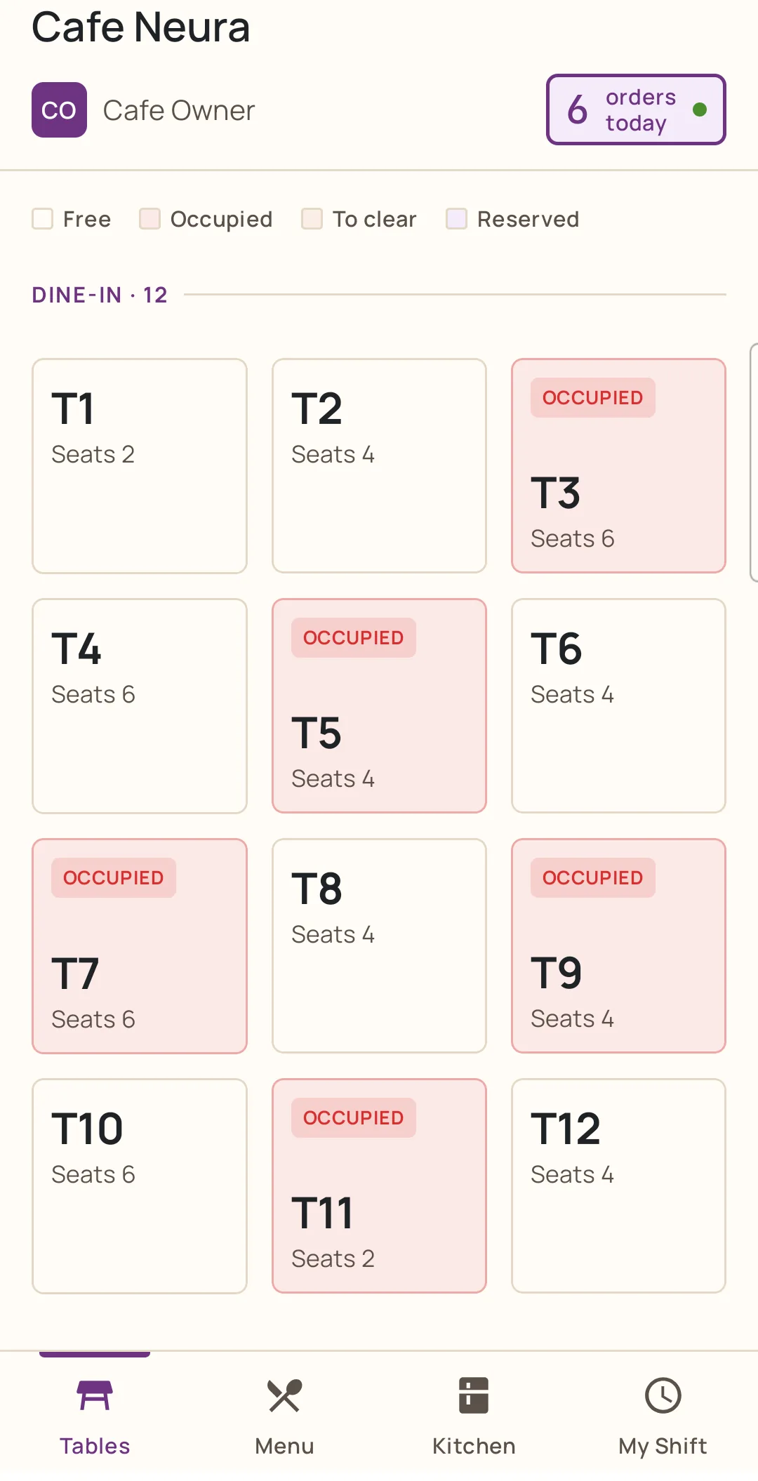 The Captain waiter app on a phone, showing the table map with free and occupied tables.