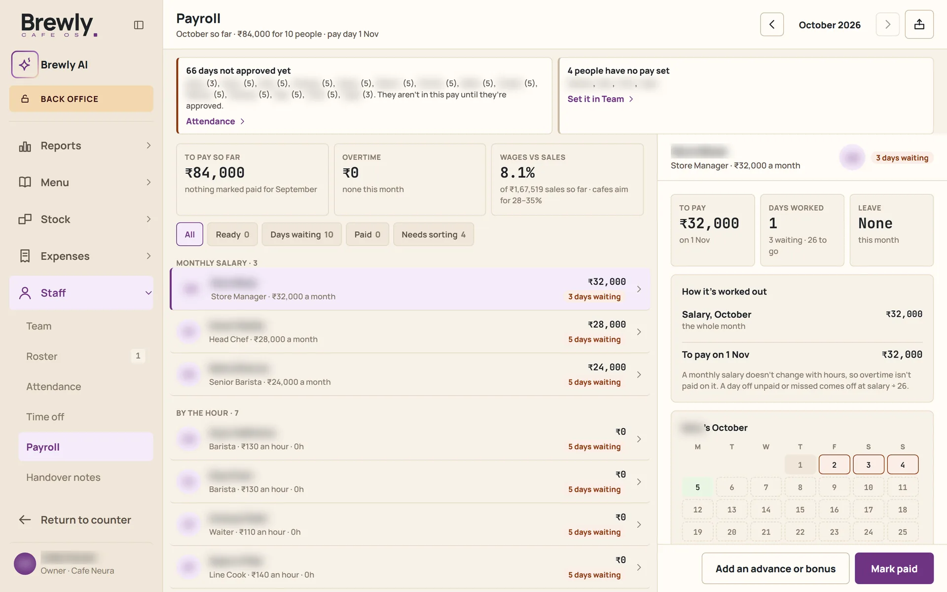 The payroll screen for the month: what is to pay so far, overtime, wages as a share of sales, a list of people by salary or hourly rate, and how one person's pay is worked out.