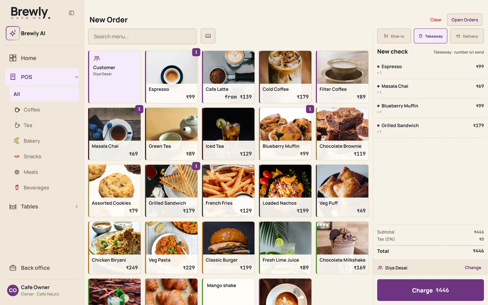 The counter screen: the menu as photo tiles with prices, and a new takeaway check with four items on the right.