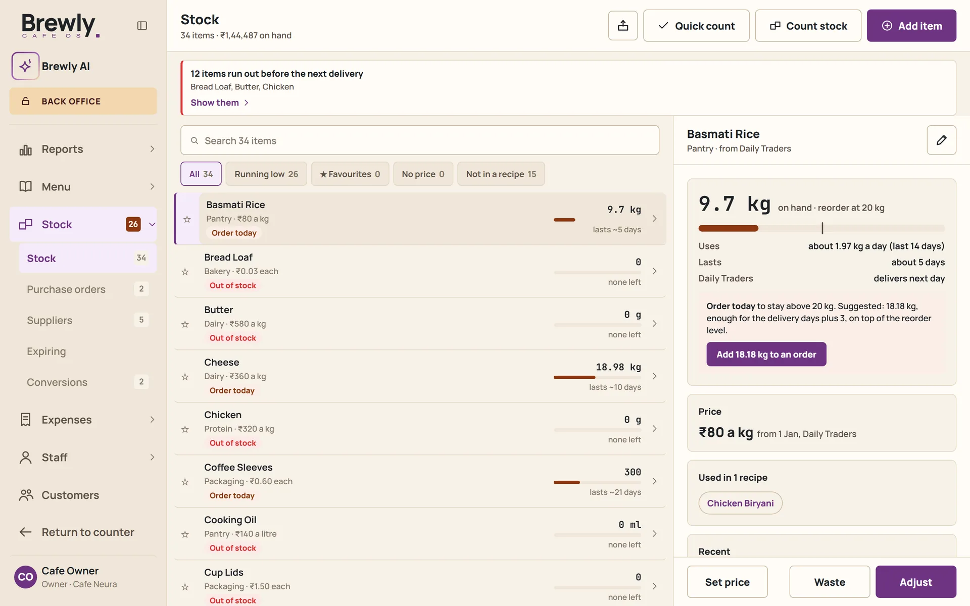 The stock screen listing ingredients with how long each will last, and the detail for one with a suggested order.